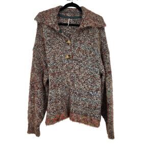 Free People Stella Brown Multicolor Marled 1/4 Button Pullover Sweater Size L
